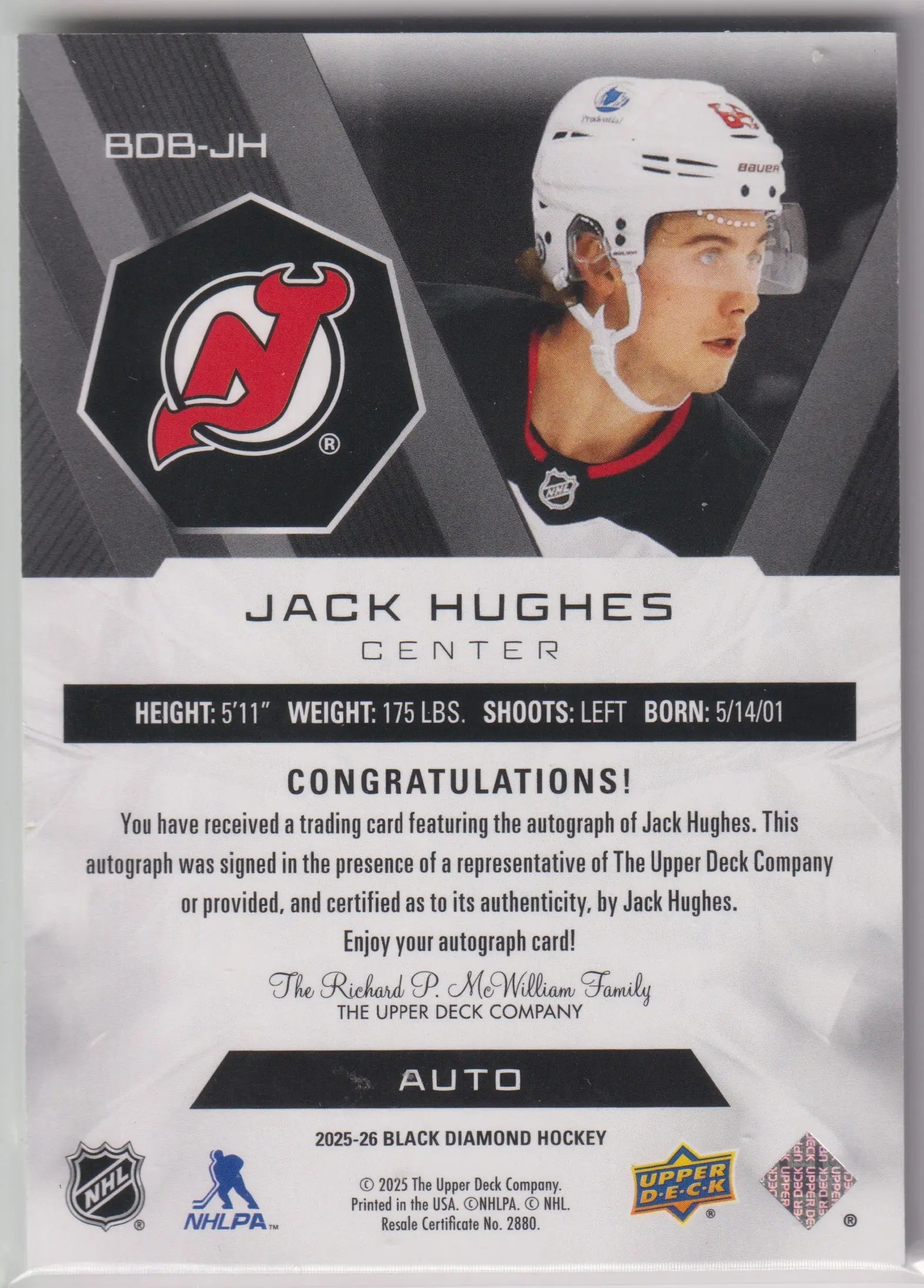 2025-26 Upper Deck Black Diamond Autograph Jack Hughes Auto /25 