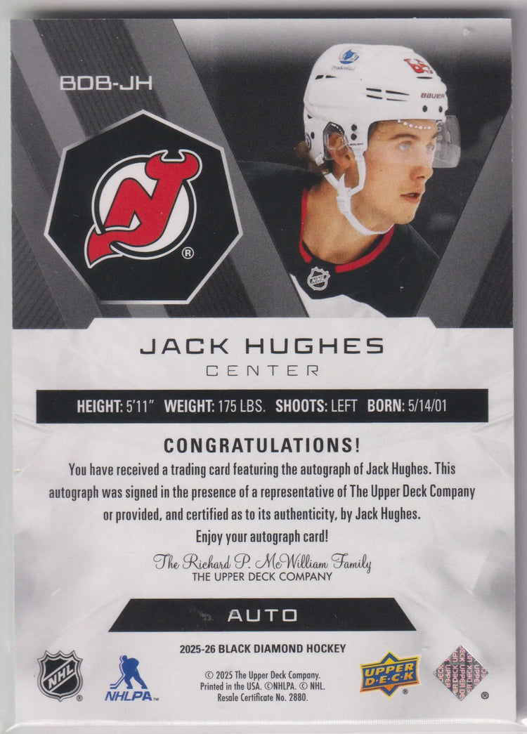 2025-26 Upper Deck Black Diamond Autograph Jack Hughes Auto /25 