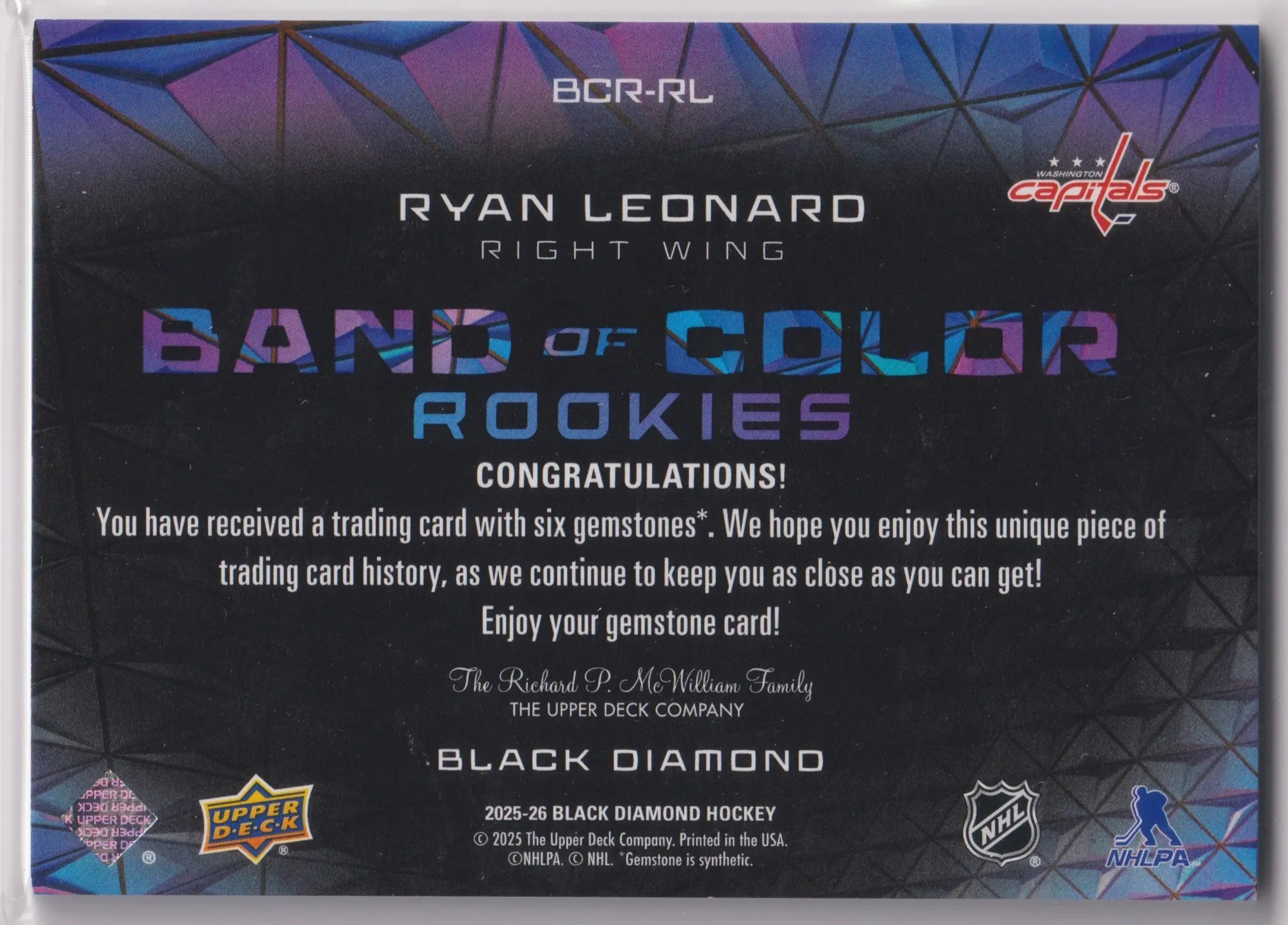 2025-26 Upper Deck Black Diamond Band Of Color Rookies Ryan Leonard /26 RC 