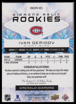 2025-26 Upper Deck Black Diamond Ivan Demidov Diamond Relic Rookies Emerald #/10 