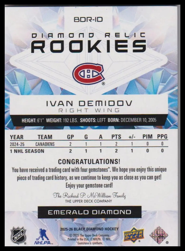 2025-26 Upper Deck Black Diamond Ivan Demidov Diamond Relic Rookies Emerald #/10 