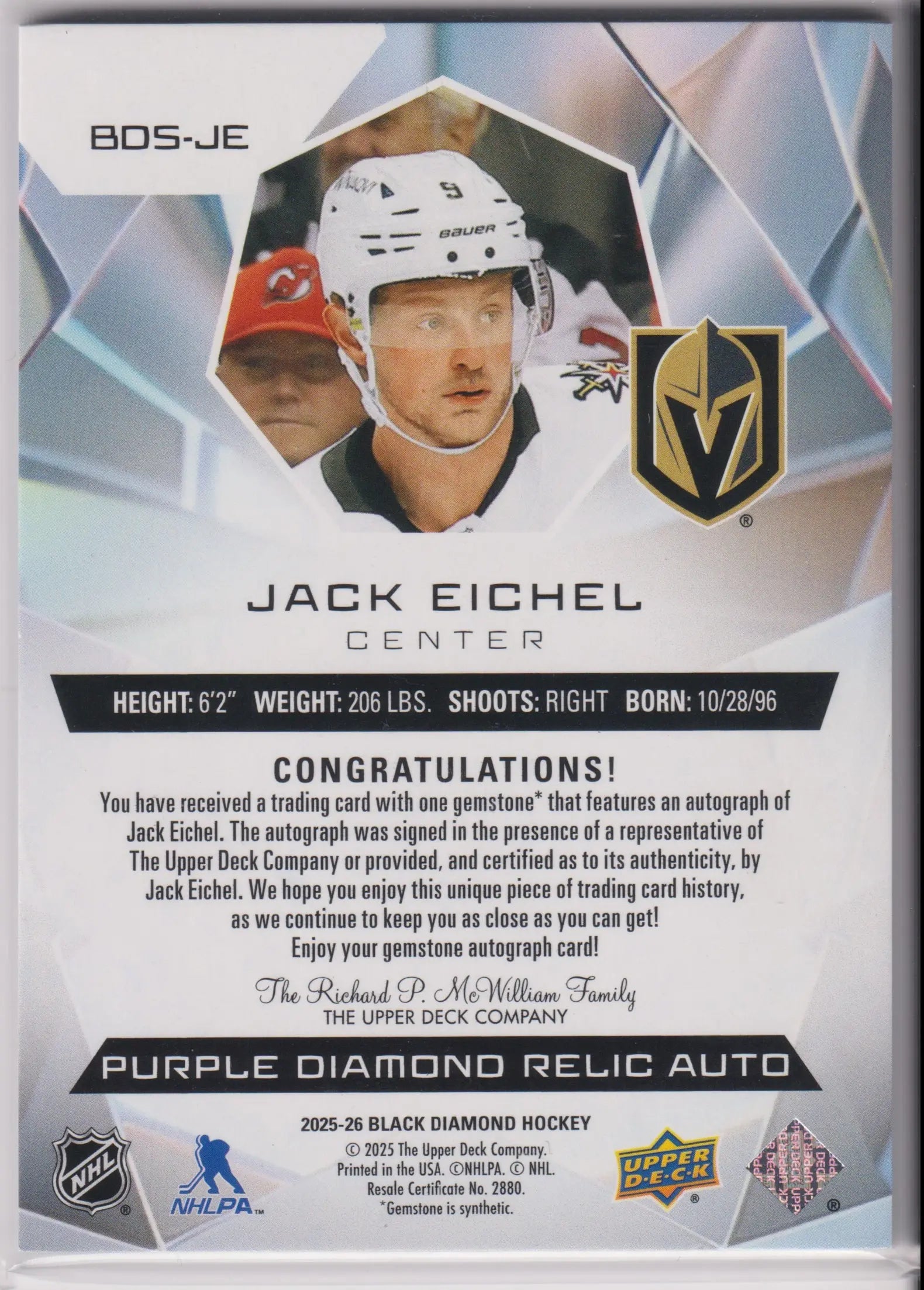2025-26 Upper Deck Black Diamond Jack Eichel Purple Diamond /10 
