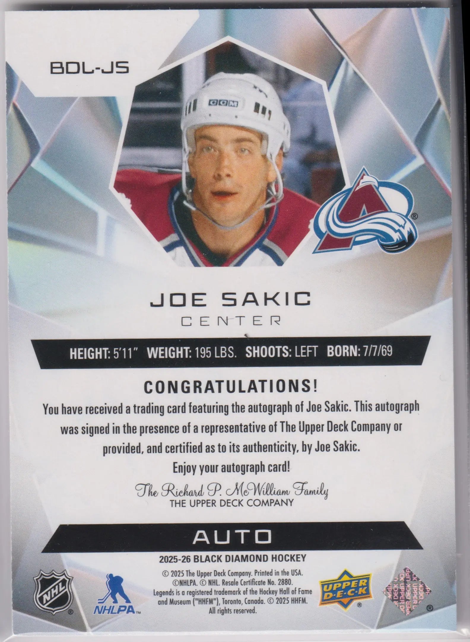 2025-26 Upper Deck Black Diamond Legends Autograph Joe Sakic Auto /15 
