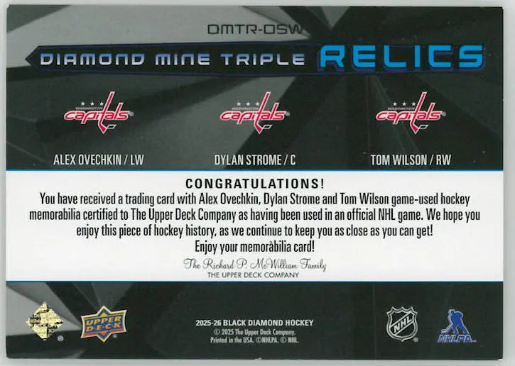 2025-26 Upper Deck Black Diamond Mine Triple PatchOvechkin/Strome/Wilson 