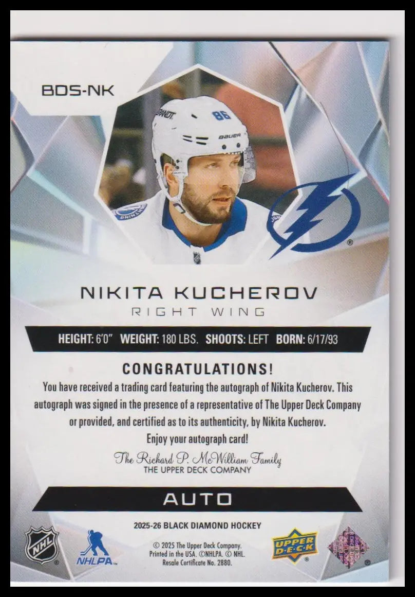2025-26 Upper Deck Black Diamond Nikita Kucherov Diamond Stars Auto #/15 