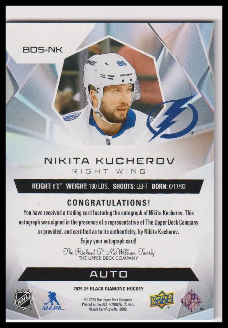 2025-26 Upper Deck Black Diamond Nikita Kucherov Diamond Stars Auto #/15 