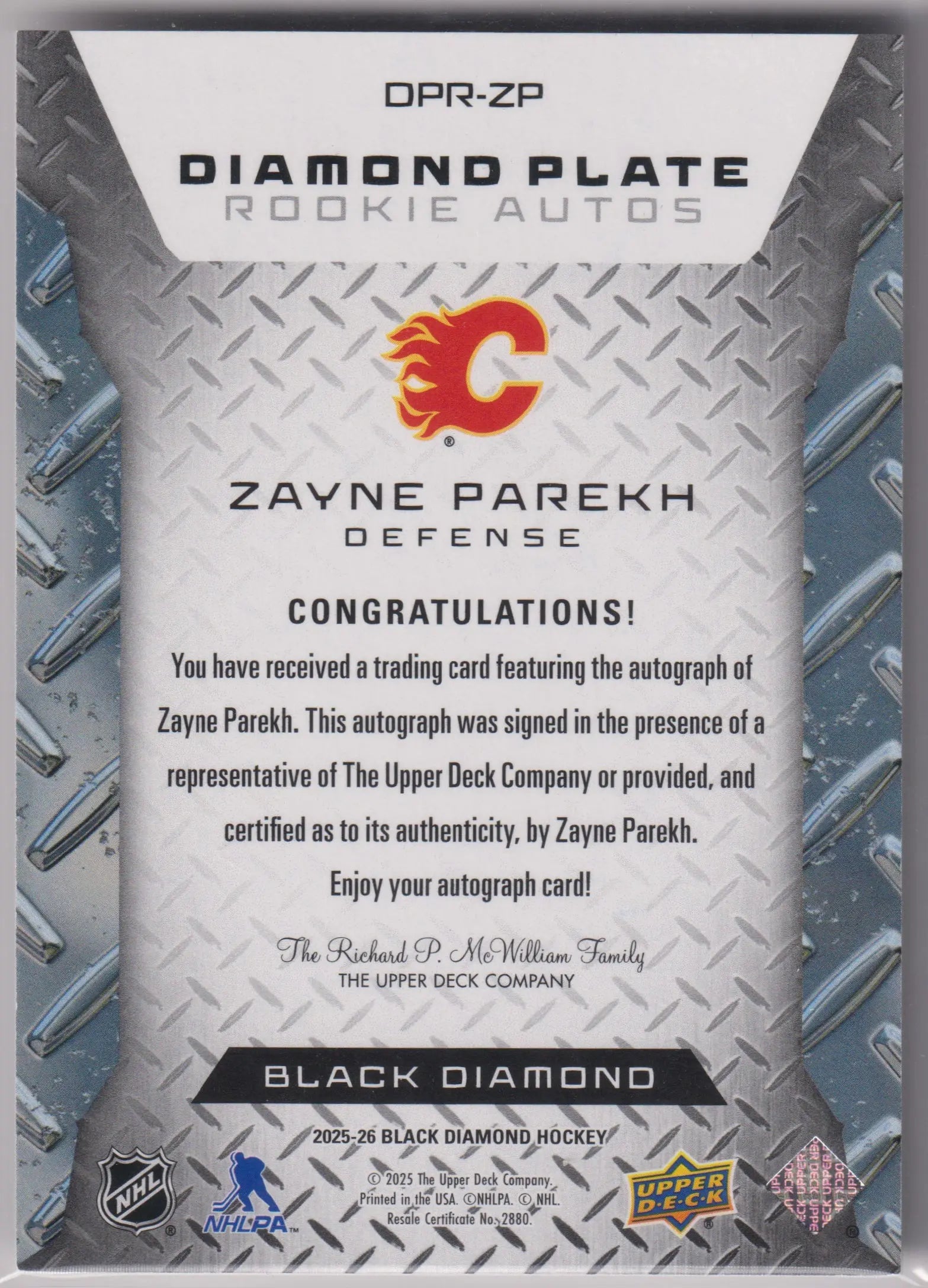 2025-26 Upper Deck Black Diamond Plate Rookie Autograph Zayne Parekh Auto /25 RC 