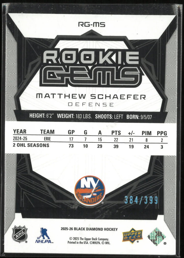 2025-26 Upper Deck Black Diamond Rookie Gems Matthew Schaefer /399 RC 