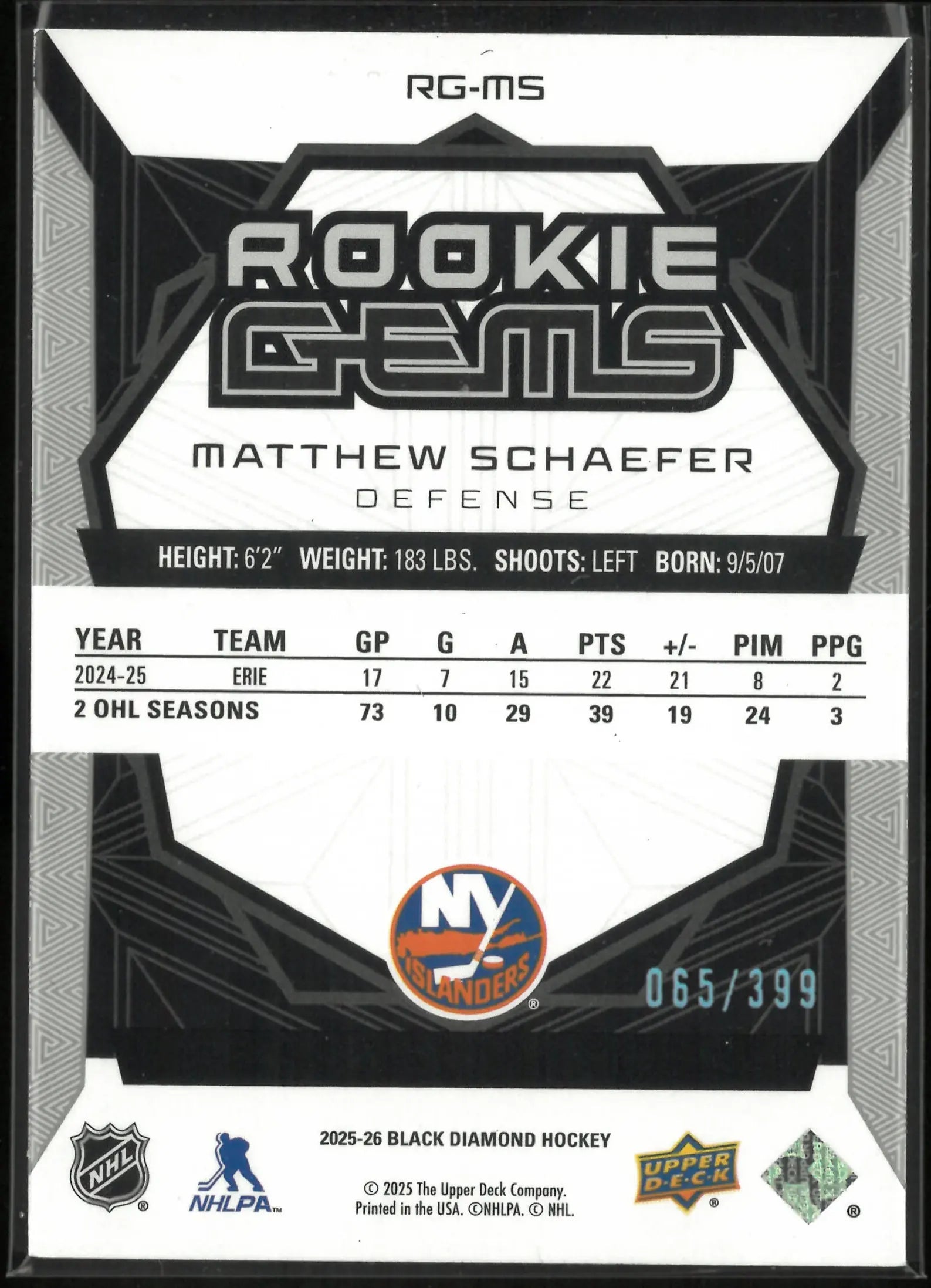 2025-26 Upper Deck Black Diamond Rookie Gems Matthew Schaefer RC /399 