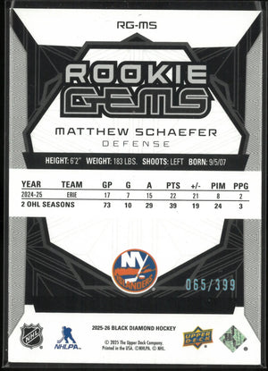 2025-26 Upper Deck Black Diamond Rookie Gems Matthew Schaefer RC /399 