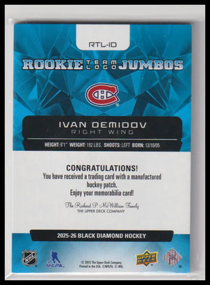 2025-26 Upper Deck Black Diamond Rookie Jumbo Team Logo Patch Ivan Demidov RC 