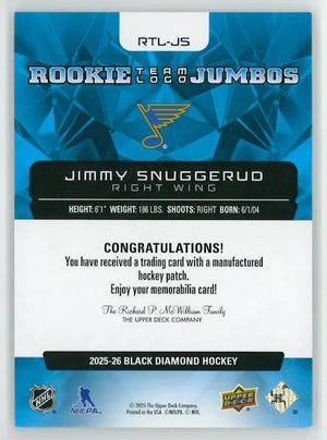 2025-26 Upper Deck Black Diamond Rookie Jumbos Team Logo Patch Jimmy Snuggerud 