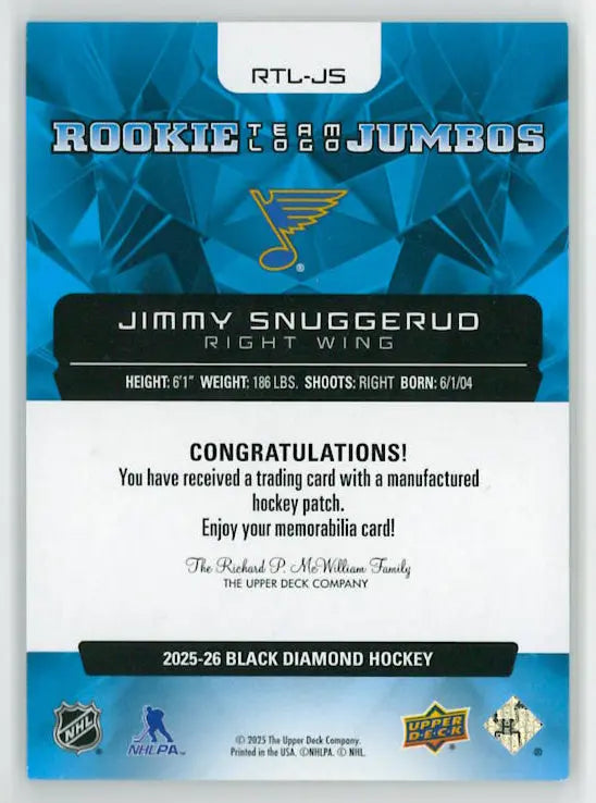 2025-26 Upper Deck Black Diamond Rookie Jumbos Team Logo Patch Jimmy Snuggerud 