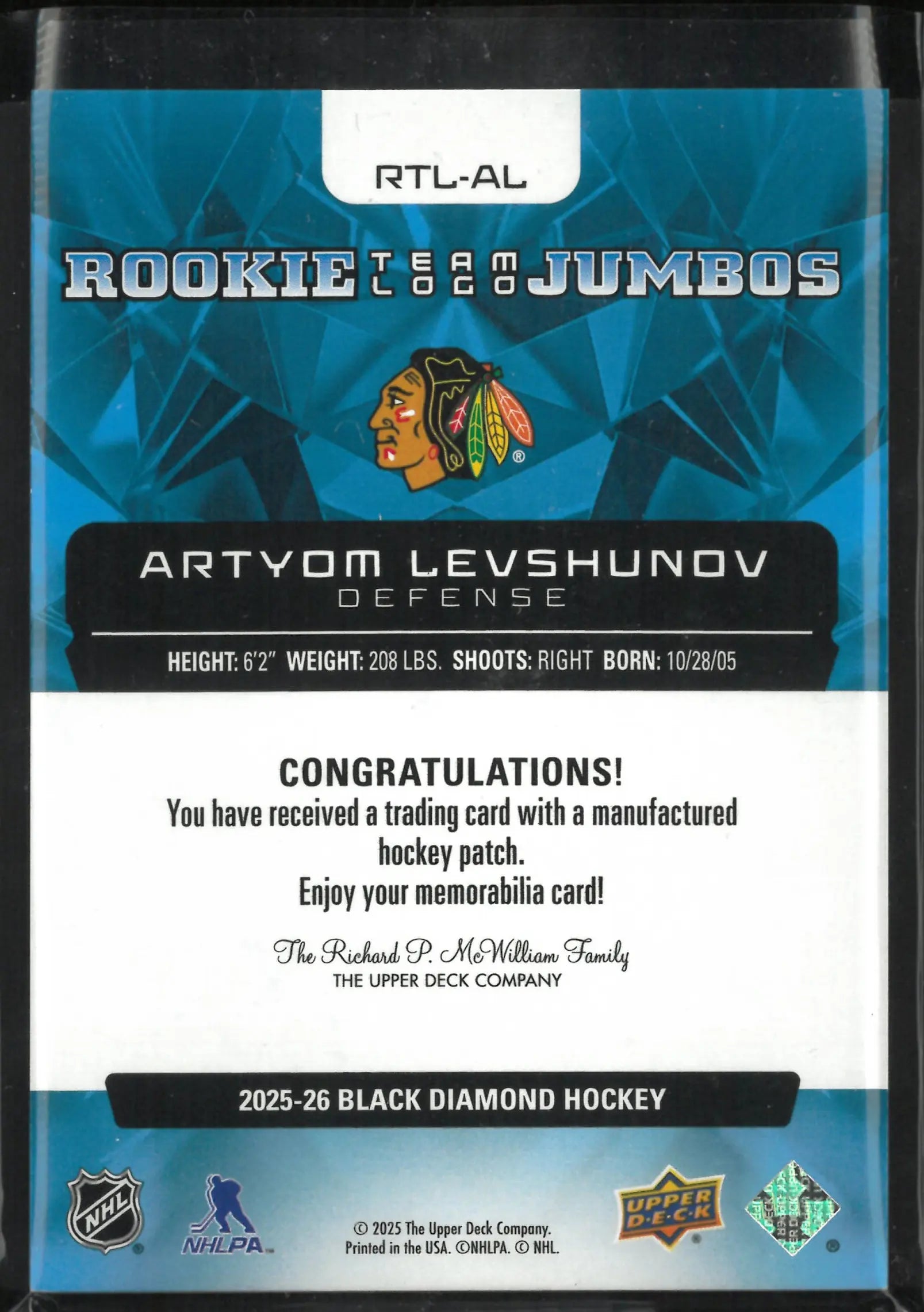 2025-26 Upper Deck Black Diamond Rookie Team Logo Jumbos Artyom Levshunov RC 