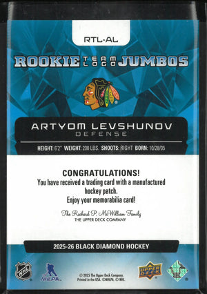 2025-26 Upper Deck Black Diamond Rookie Team Logo Jumbos Artyom Levshunov RC 