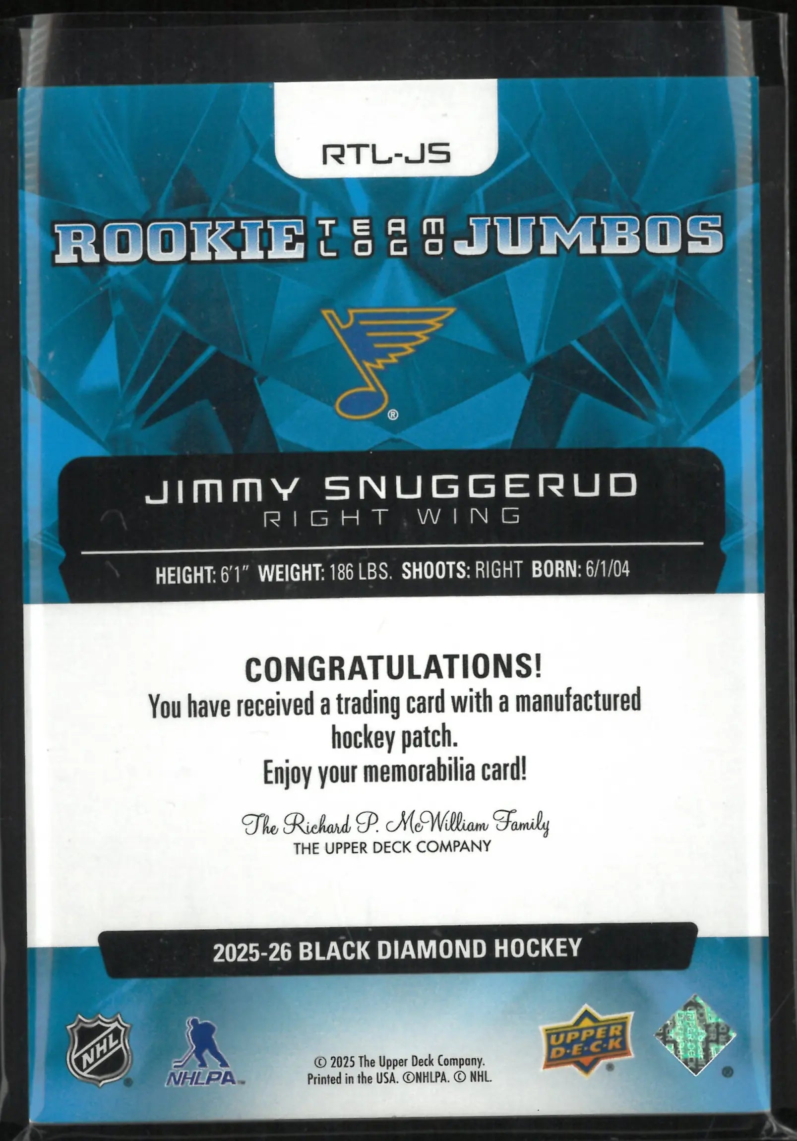 2025-26 Upper Deck Black Diamond Rookie Team Logo Jumbos Jimmy Snuggerud 