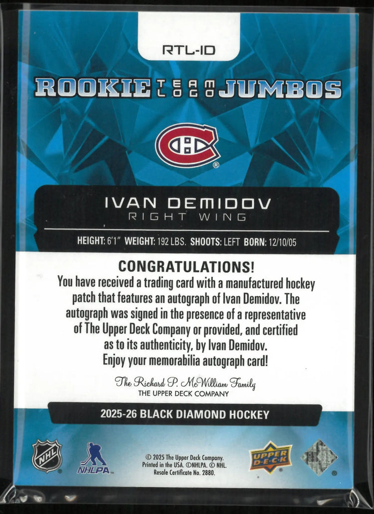 2025-26 Upper Deck Black Diamond Team Logo Jumbo Rookie Ivan Demidov 5/49 