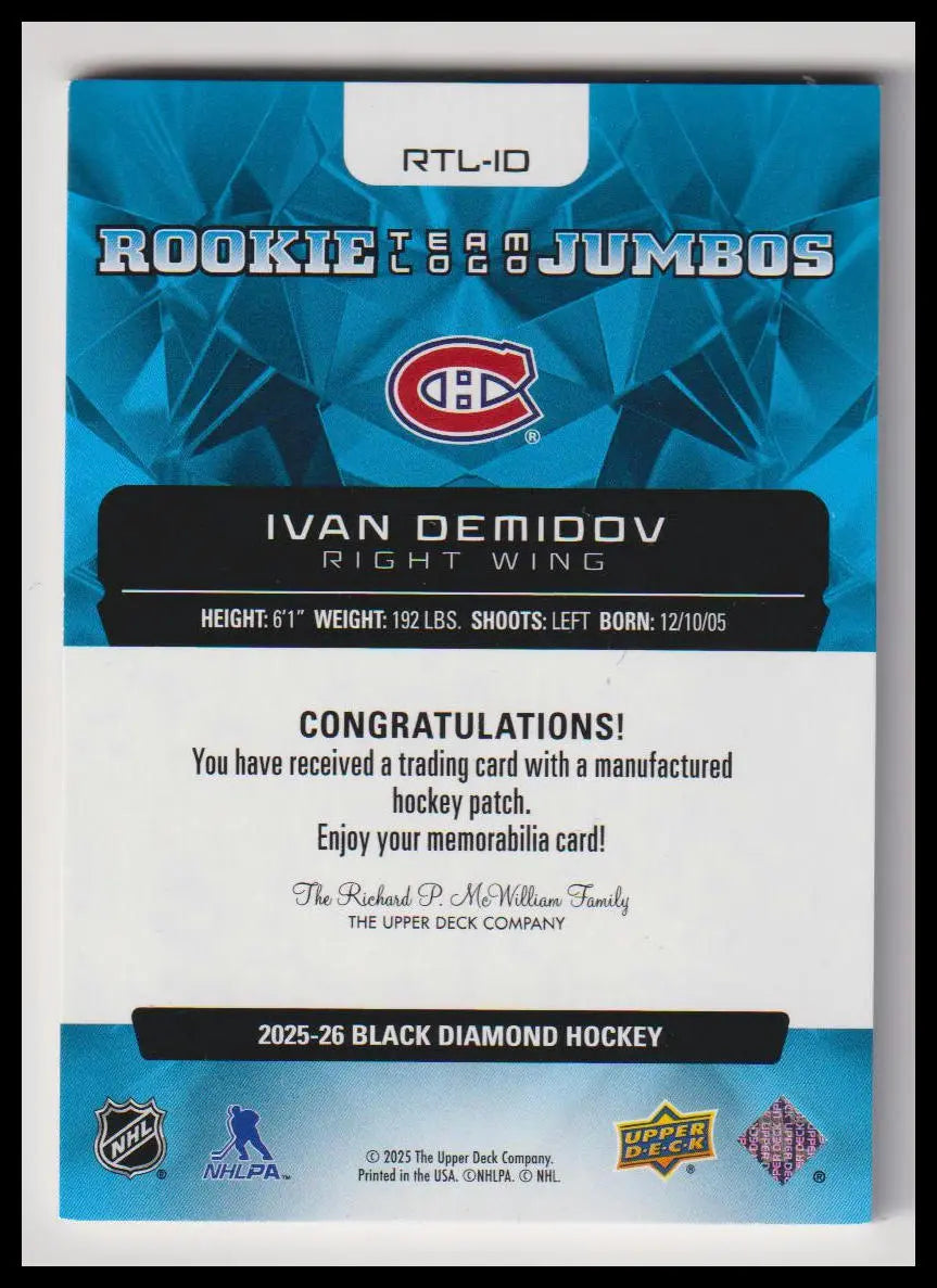 2025-26 Upper Deck Black Diamond #RTL-ID Ivan Demidov Team Logo Jumbo Rookies 