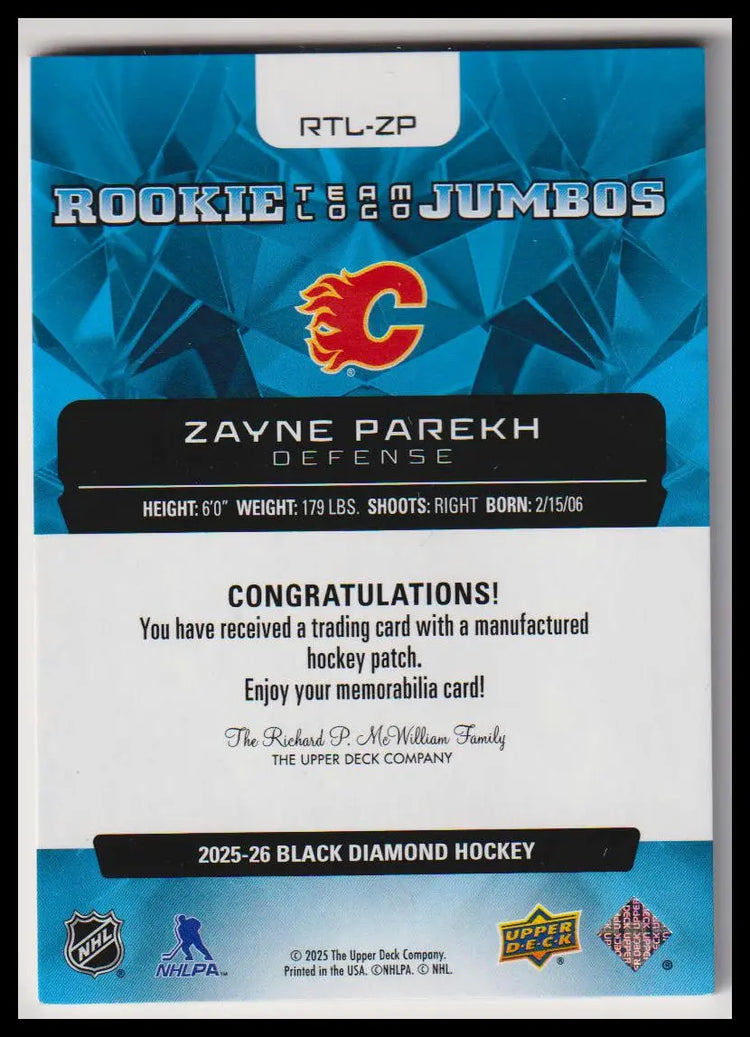 2025-26 Upper Deck Black Diamond #RTL-ZP Zayne Parekh Team Logo Jumbo Rookies 