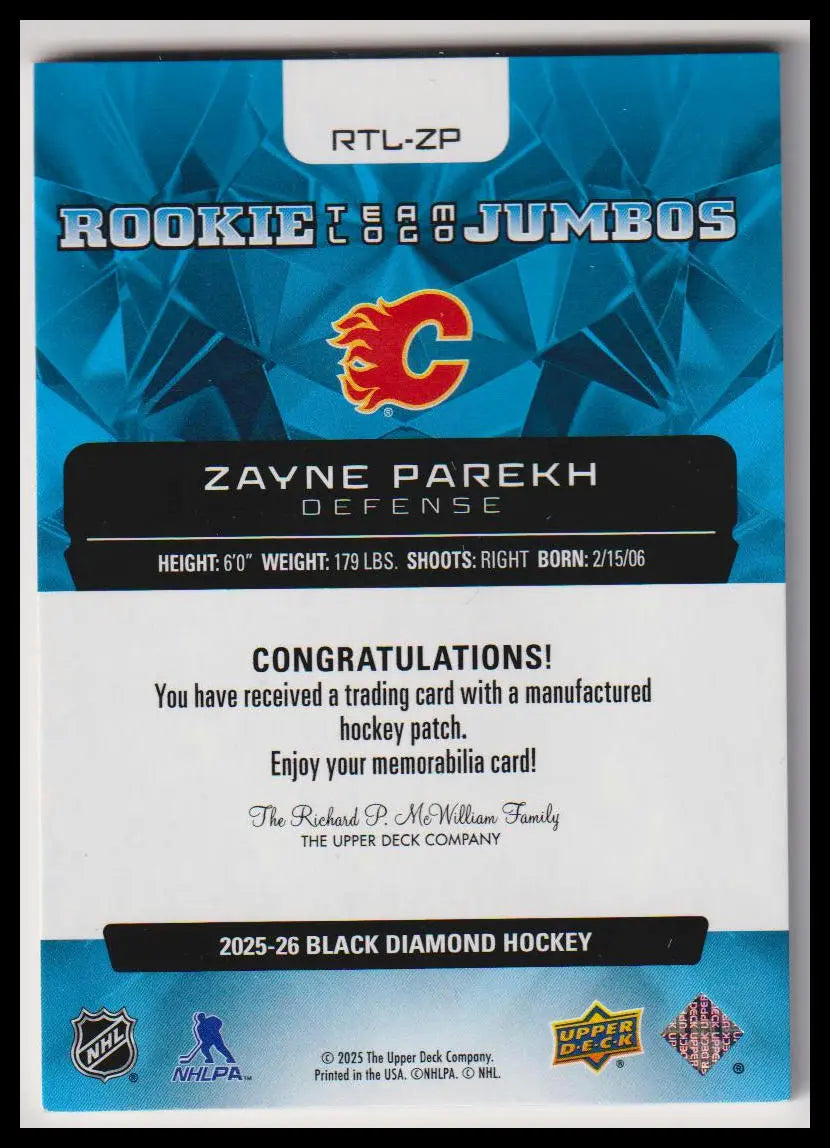 2025-26 Upper Deck Black Diamond #RTL-ZP Zayne Parekh Team Logo Jumbo Rookies 