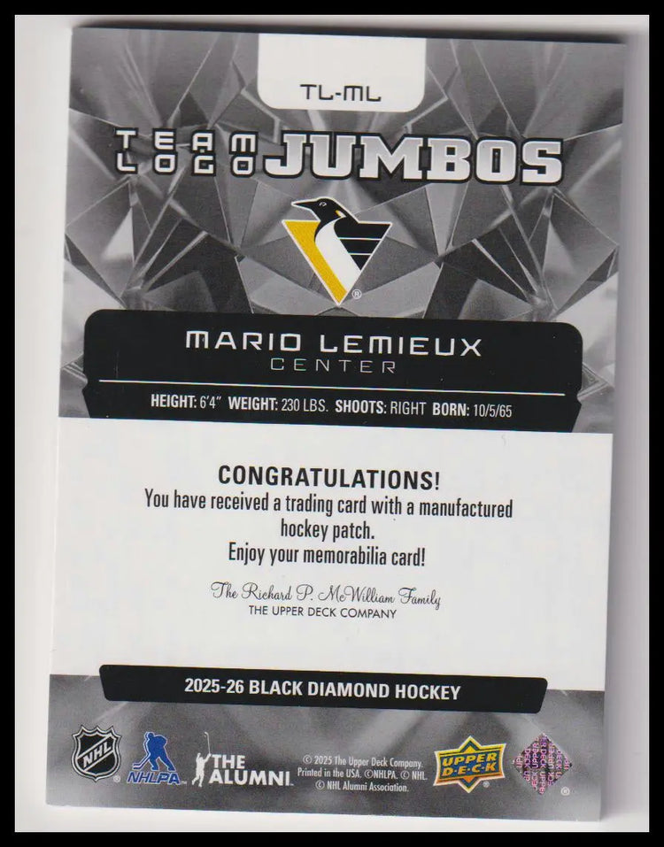 2025-26 Upper Deck Black Diamond #TL-ML Mario Lemieux Team Logo Jumbo Legends 