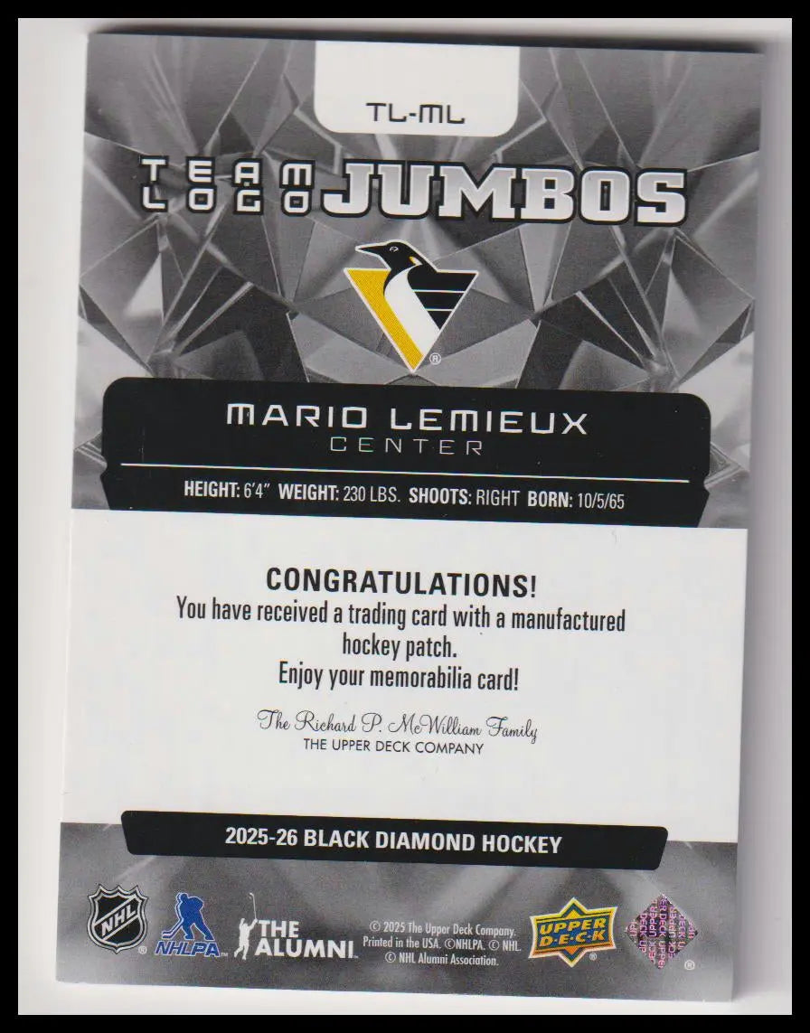 2025-26 Upper Deck Black Diamond #TL-ML Mario Lemieux Team Logo Jumbo Legends 