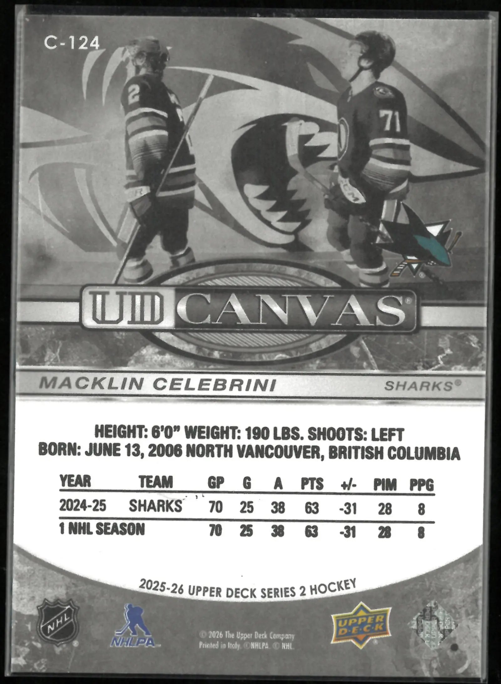 2025-26 Upper Deck Canvas Macklin Celebrini Black & White 