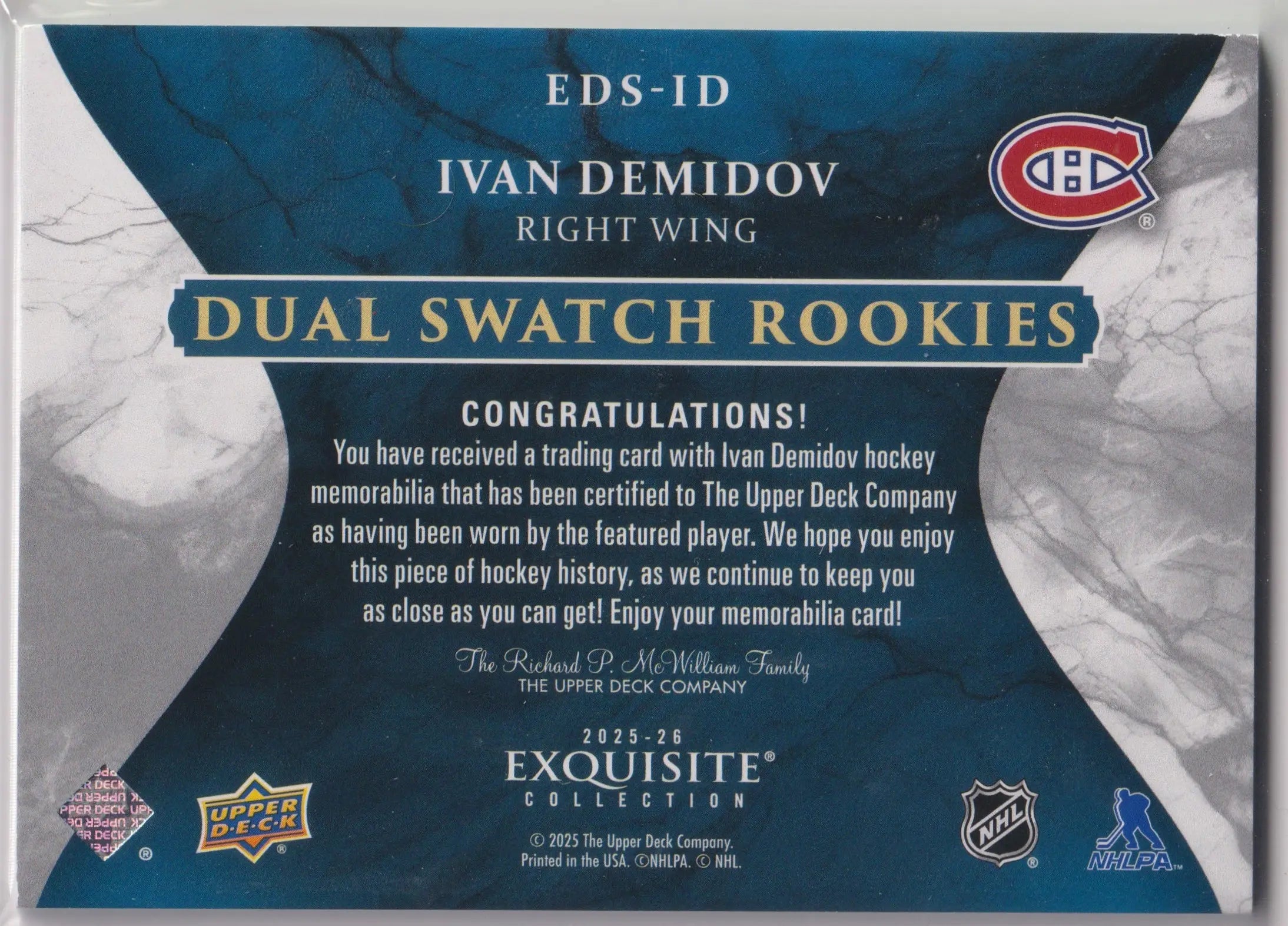 2025-26 Upper Deck Exquisite Dual Patch Rookie Ivan Demidov /75 RC 