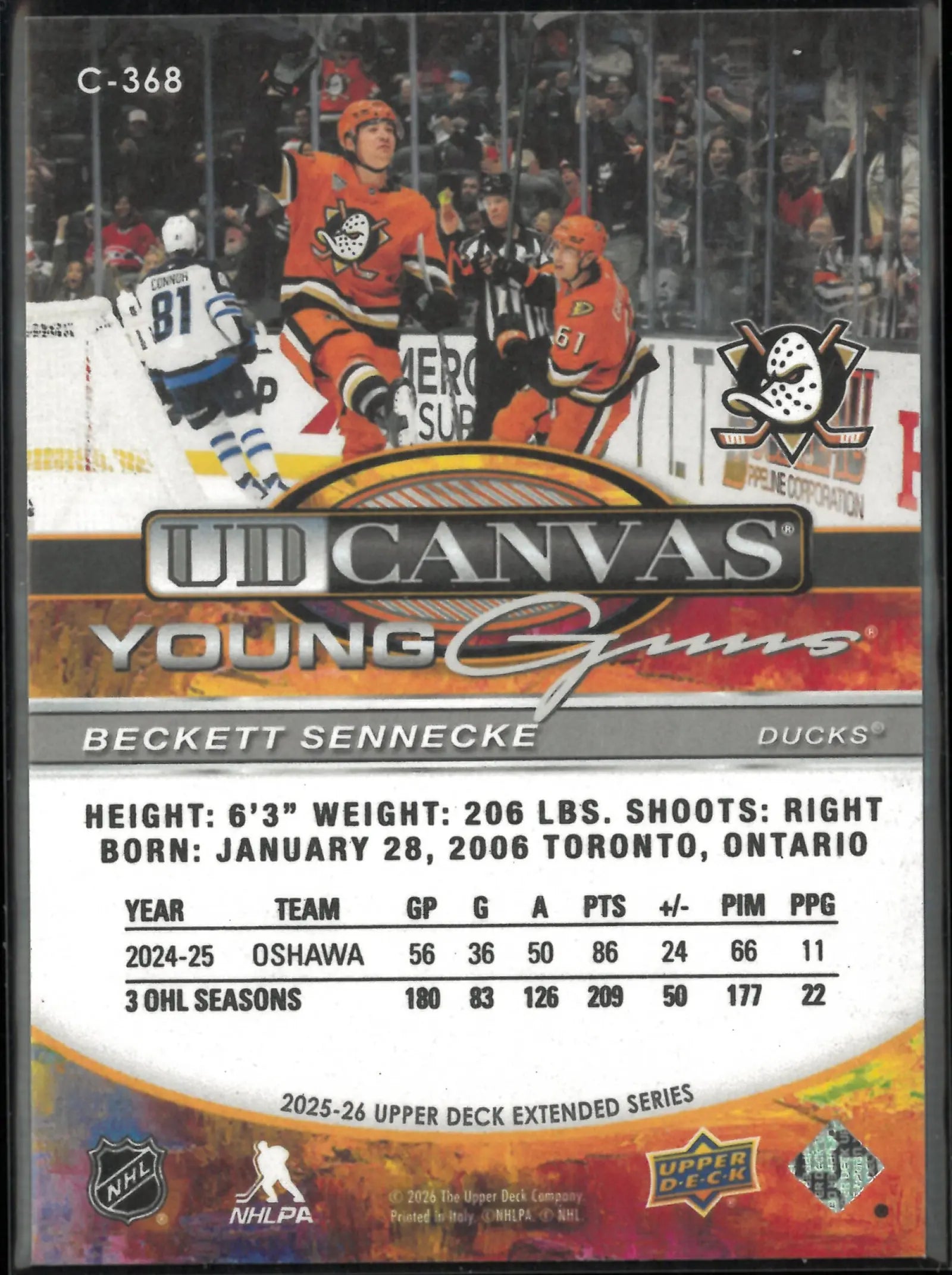 2025-26 Upper Deck Extended Series Canvas Young Guns Rookie Beckett Sennecke RC 