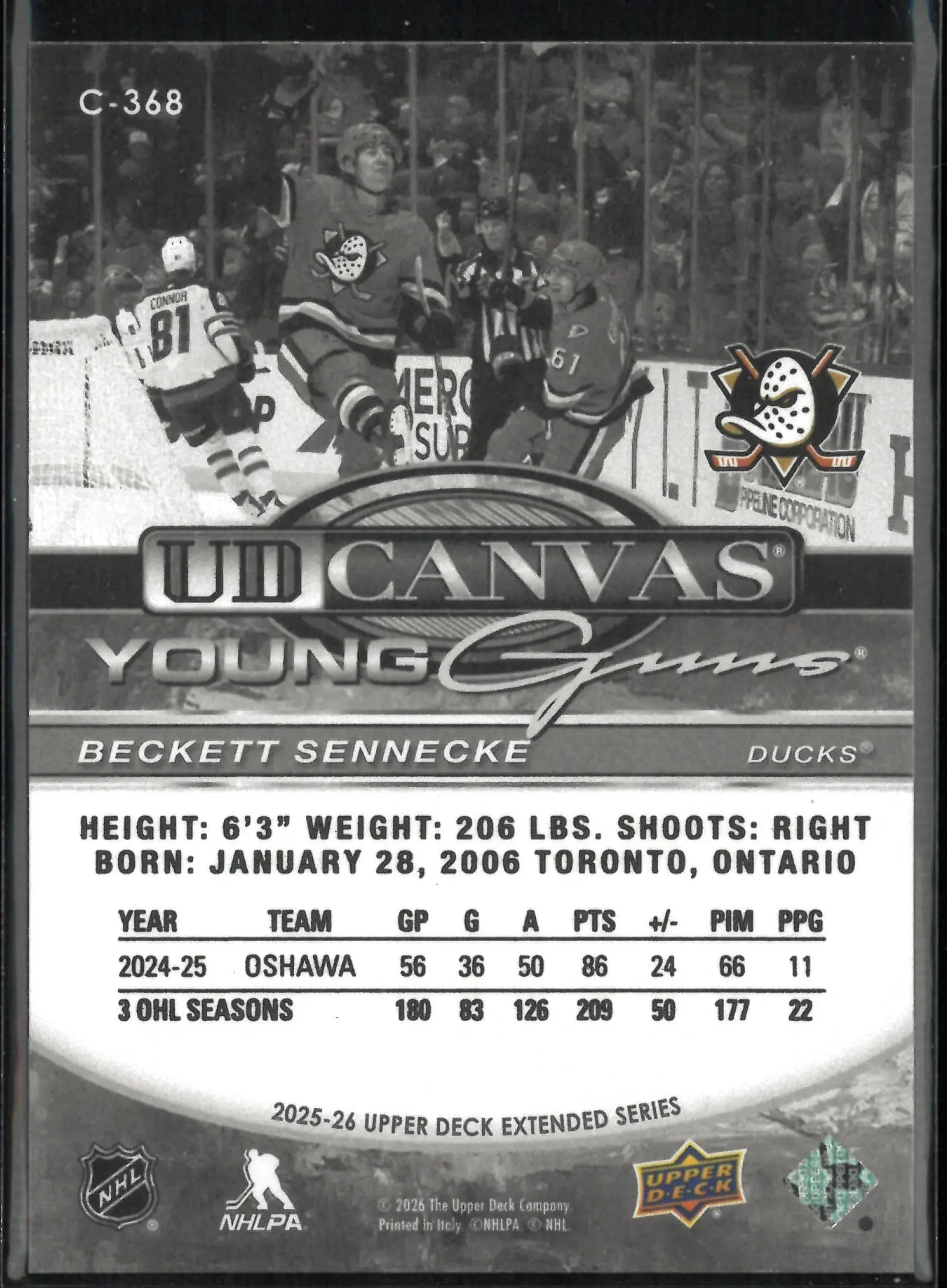 2025-26 Upper Deck Extended Series Canvas Young Guns Rookie Beckett Sennecke RC 