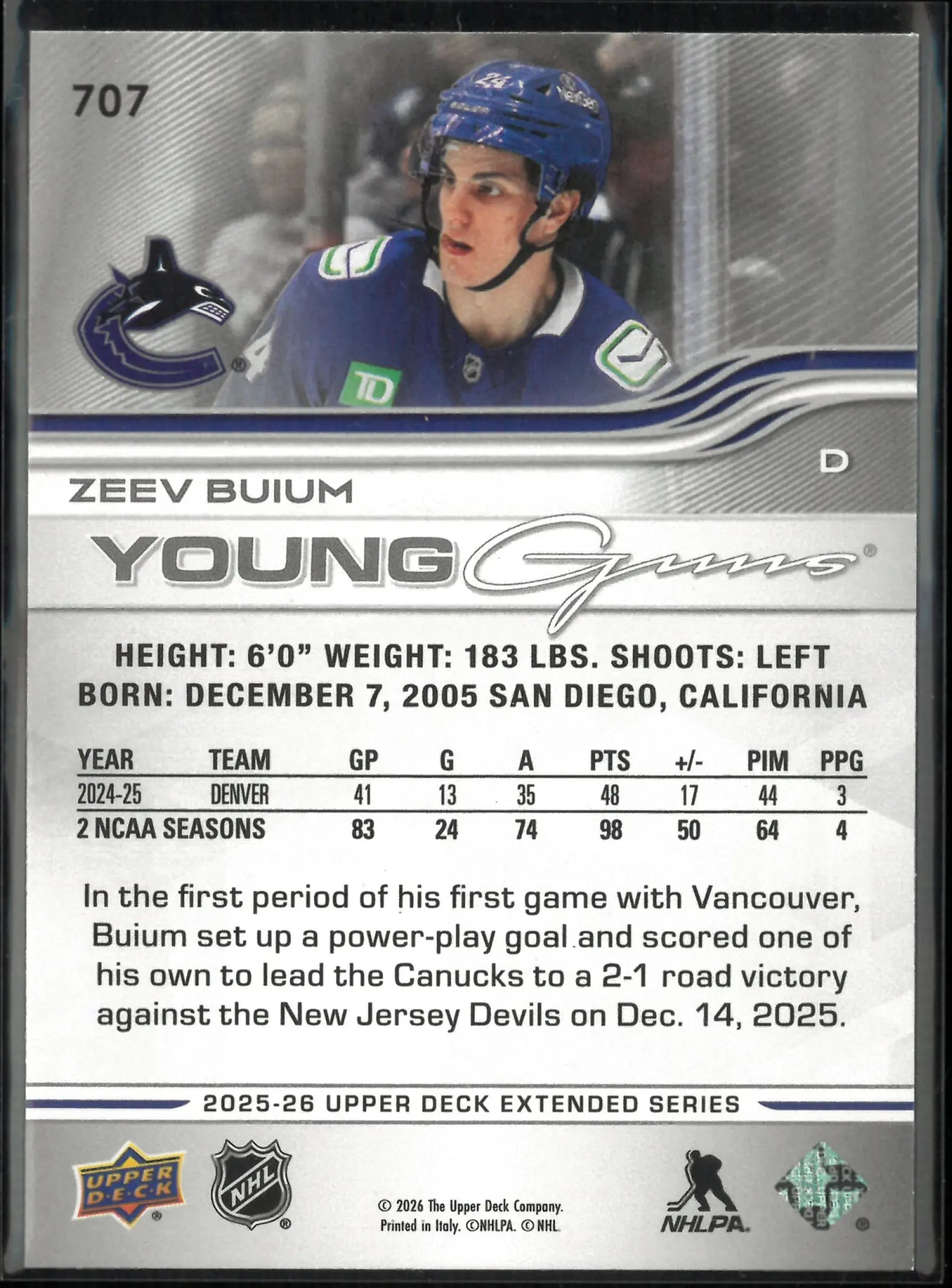 2025-26 Upper Deck Extended Series Deluxe Young Guns Rookie Zeev Buium RC /250 