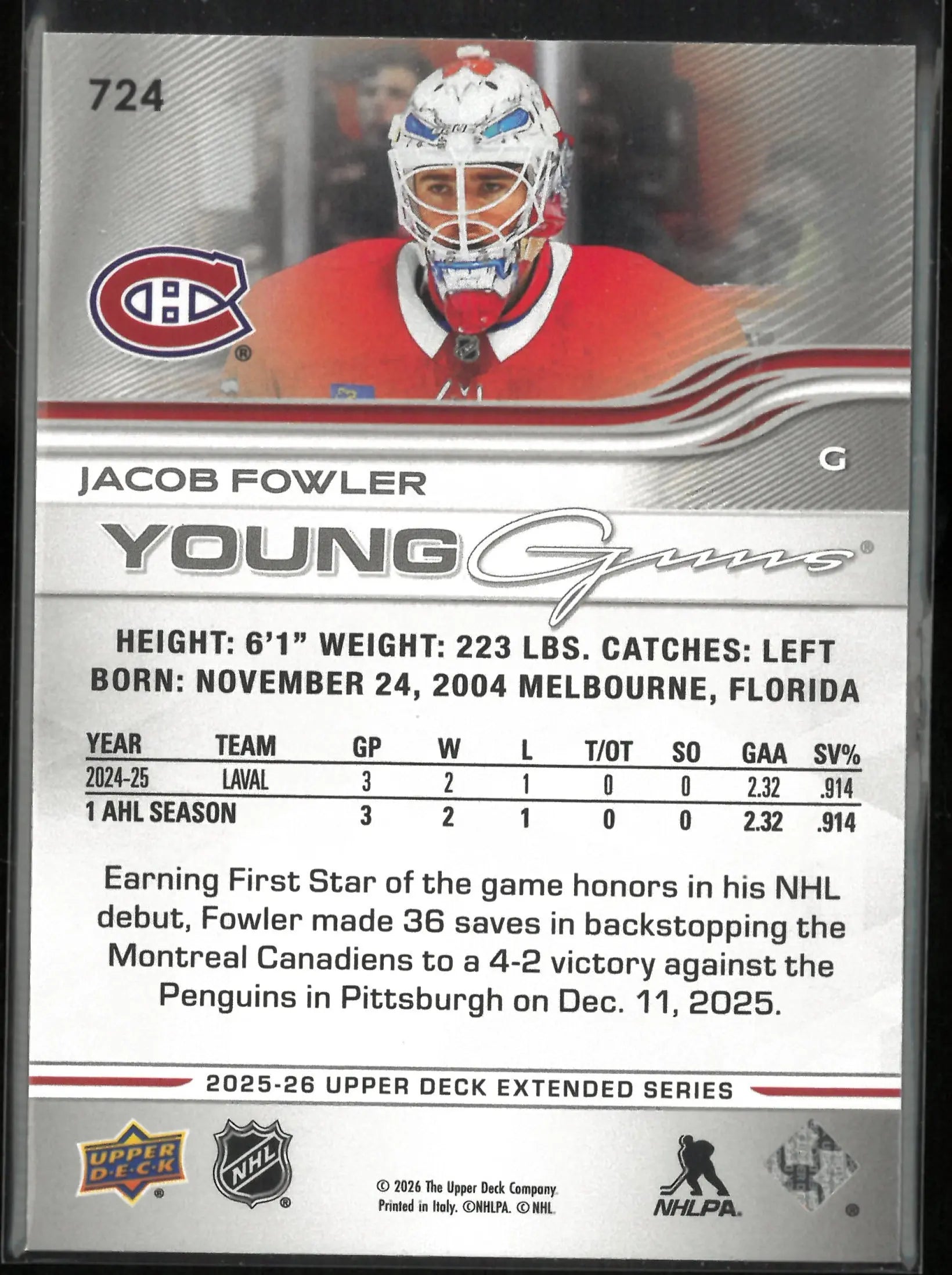 2025-26 Upper Deck Extended Series Hockey Young Guns Rookie Jacob Fowler 