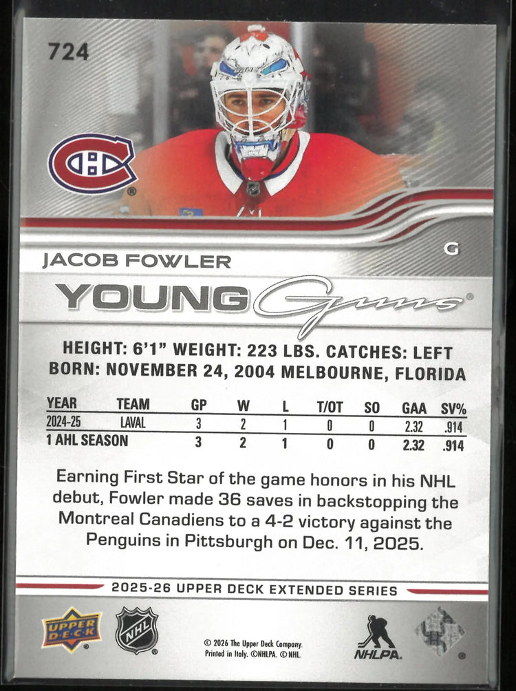 2025-26 Upper Deck Extended Series Hockey Young Guns Rookie Jacob Fowler 