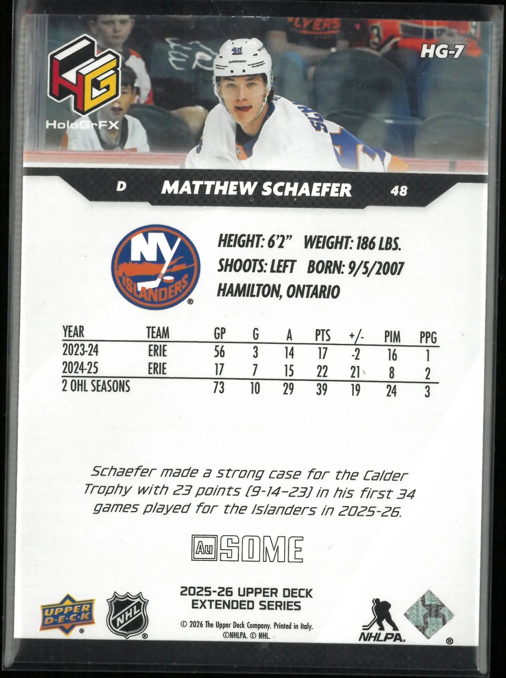 2025-26 Upper Deck Extended Series HoloGrFX AU Some Rookie Matthew Schaefer RC 