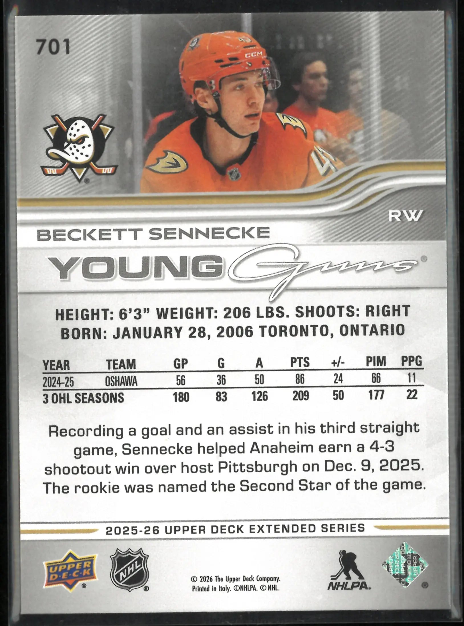 2025-26 Upper Deck Extended Series Rookie Young Guns Beckett Sennecke RC 