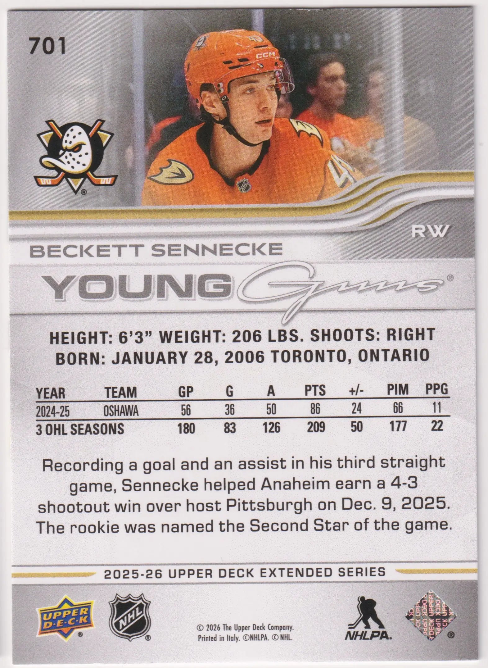 2025-26 Upper Deck Extended Series Rookie Young Guns Beckett Sennecke RC 