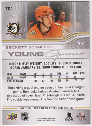 2025-26 Upper Deck Extended Series Rookie Young Guns Beckett Sennecke RC 