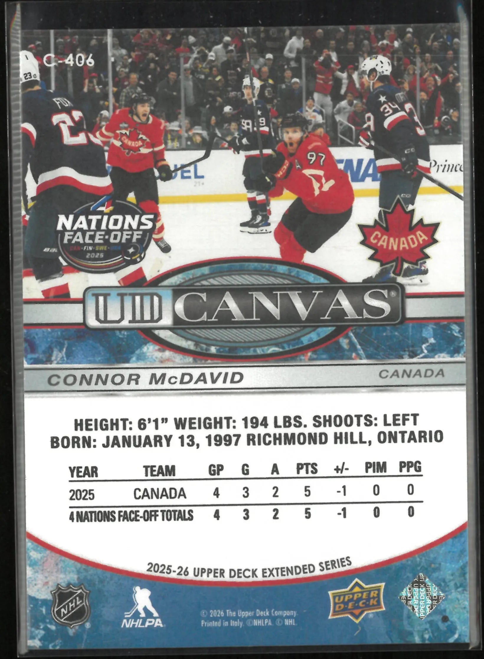 2025-26 Upper Deck Extended Series UD Canvas 4 Nations Face-Off Connor McDavid 