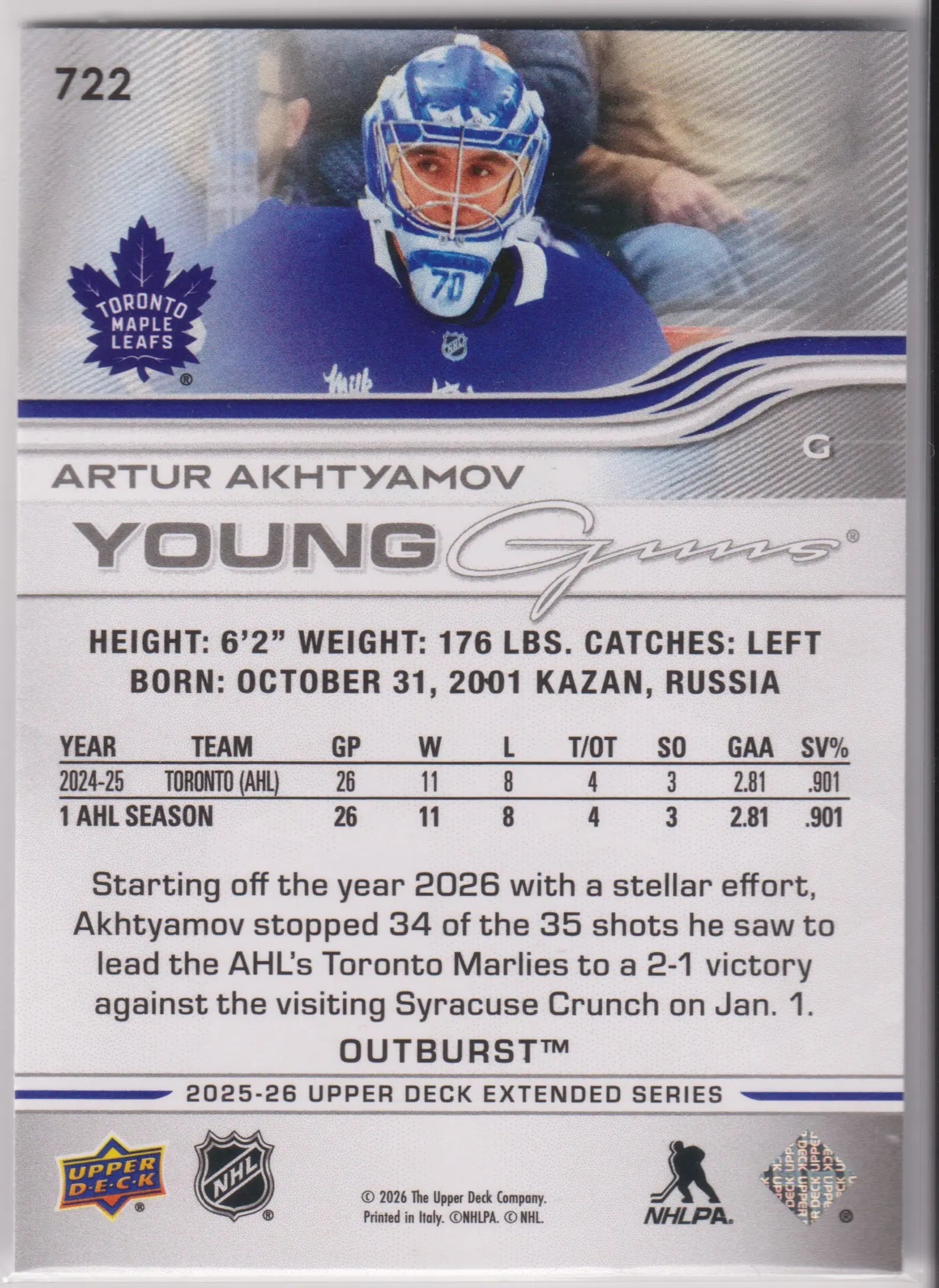 2025-26 Upper Deck Extended Series Young Guns Rookie Artur Akhtyamov Outburst RC 