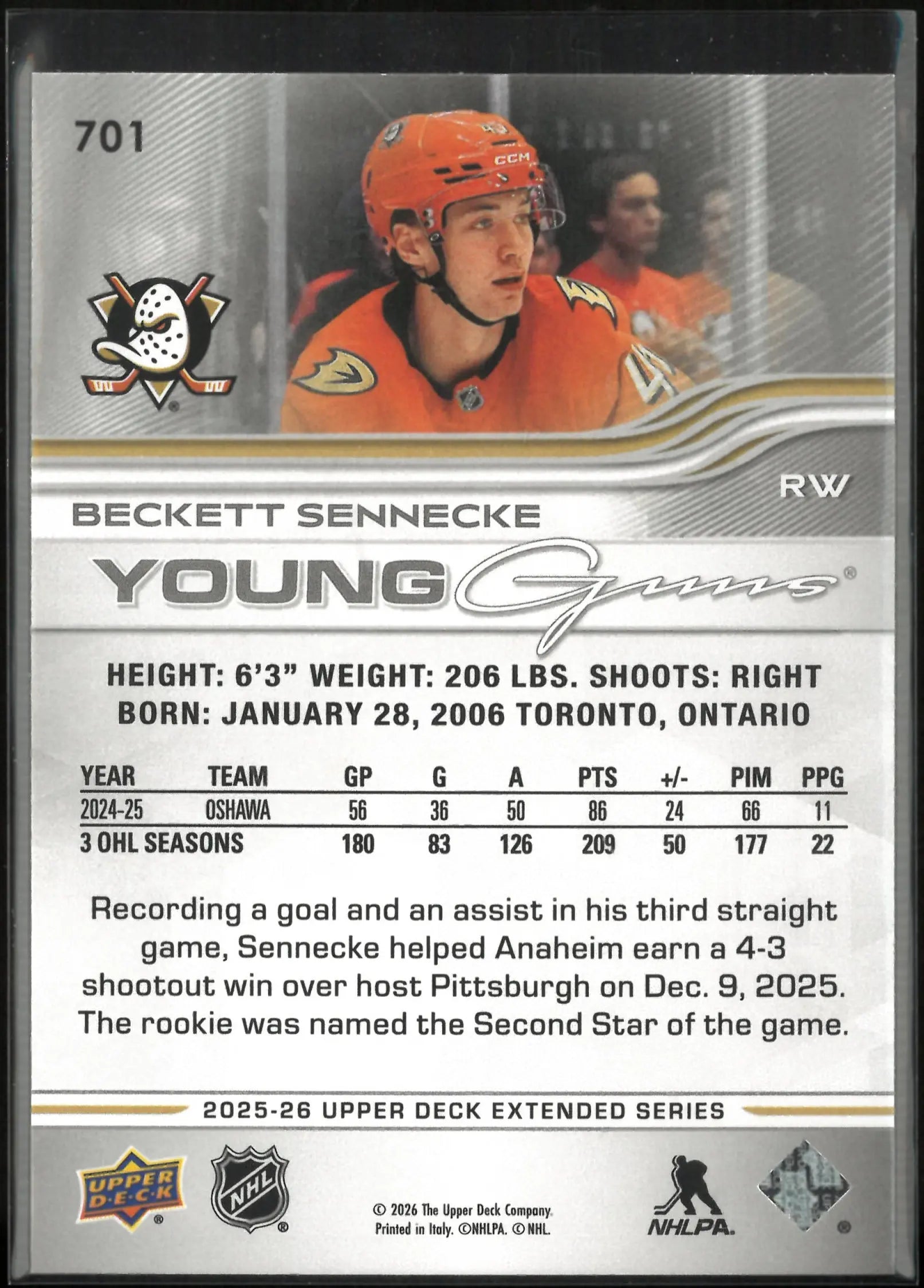2025-26 Upper Deck Extended Series Young Guns Rookie Beckett Sennecke 