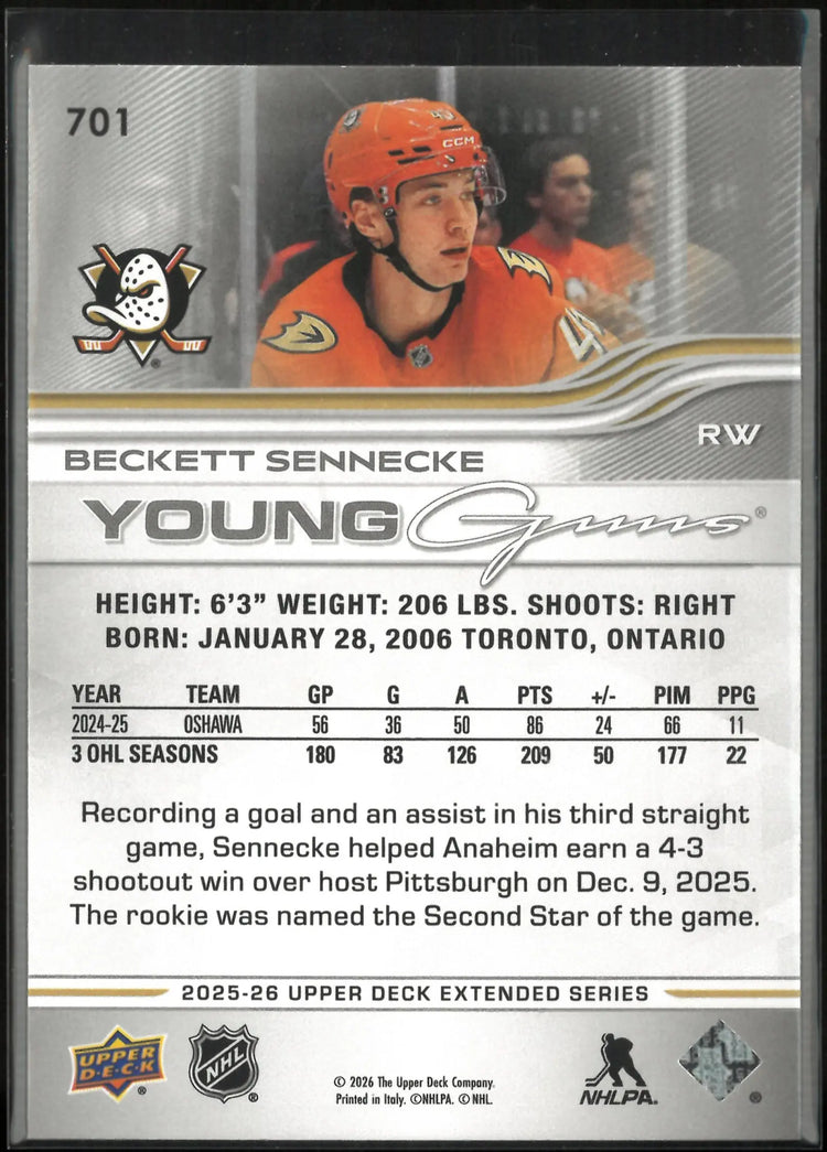 2025-26 Upper Deck Extended Series Young Guns Rookie Beckett Sennecke 