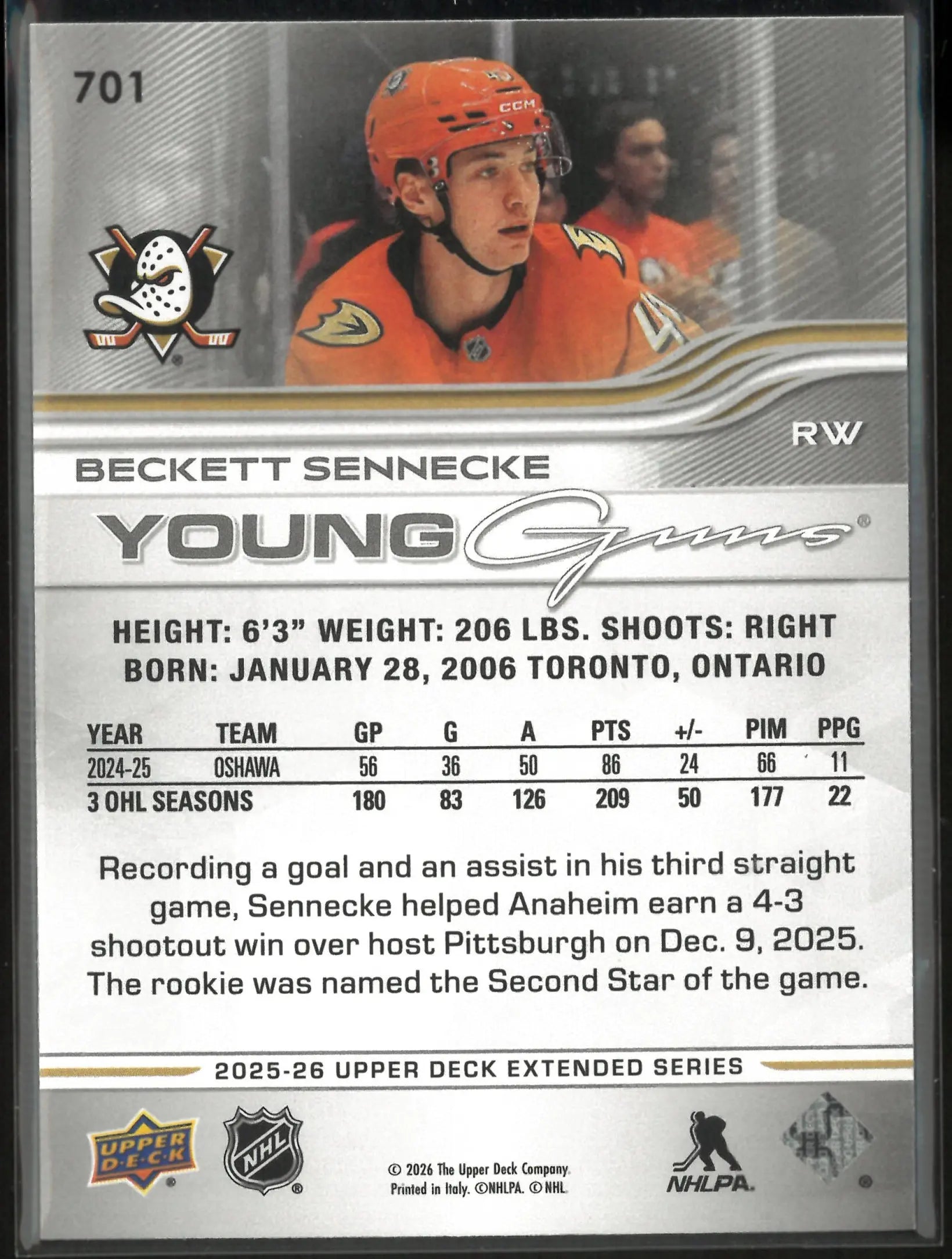 2025-26 Upper Deck Extended Series Young Guns Rookie Beckett Sennecke 