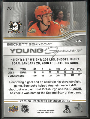 2025-26 Upper Deck Extended Series Young Guns Rookie Beckett Sennecke 