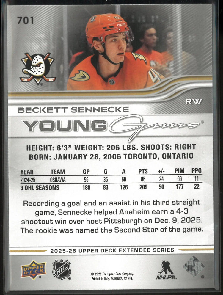 2025-26 Upper Deck Extended Series Young Guns Rookie Beckett Sennecke 