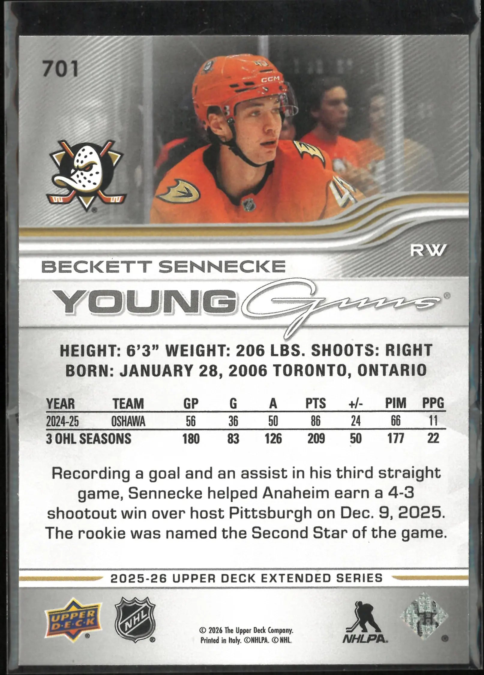 2025-26 Upper Deck Extended Series Young Guns Rookie Beckett Sennecke RC 