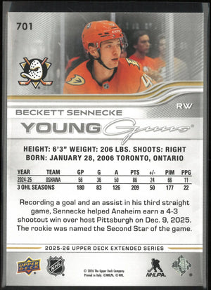 2025-26 Upper Deck Extended Series Young Guns Rookie Beckett Sennecke RC 
