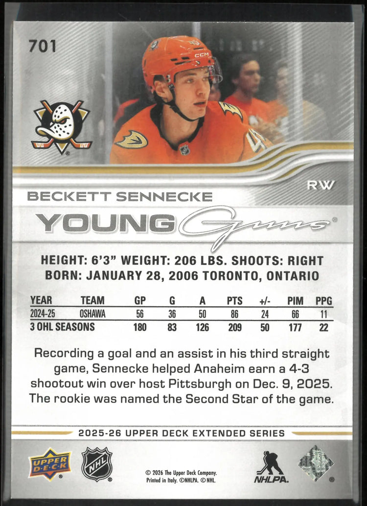 2025-26 Upper Deck Extended Series Young Guns Rookie Beckett Sennecke RC 