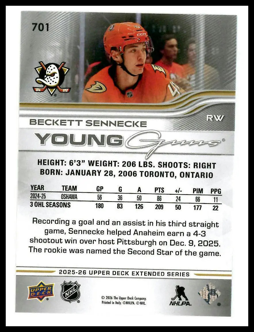2025-26 Upper Deck Extended Series Young Guns Rookie Beckett Sennecke RC (A) 