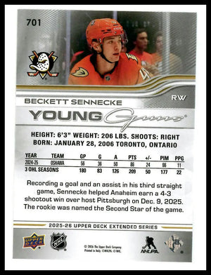 2025-26 Upper Deck Extended Series Young Guns Rookie Beckett Sennecke RC (A) 