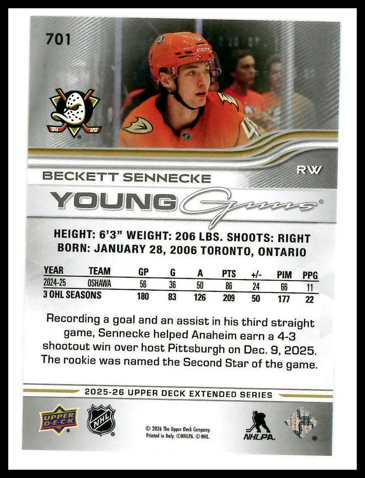 2025-26 Upper Deck Extended Series Young Guns Rookie Beckett Sennecke RC (A) 